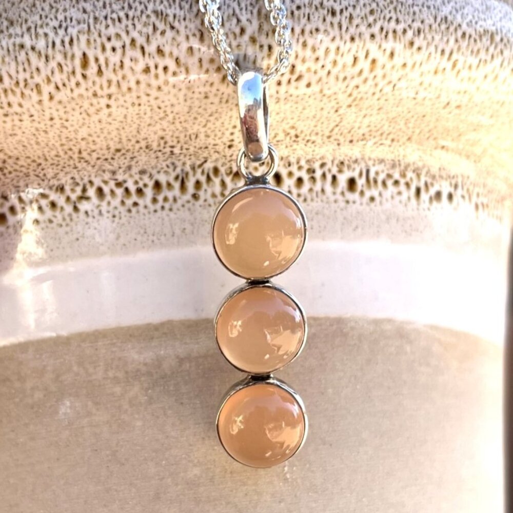 Natural Peach Moonstone Trilogy Pendant .925 Sterling Silver Genuine Gemstones